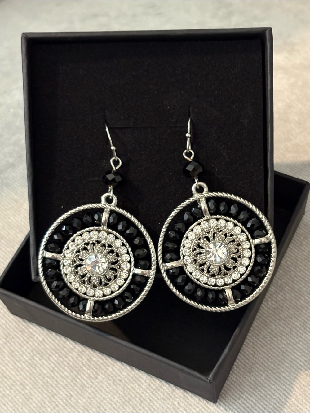Silver-Tone Black and Crystal Drop Earrings